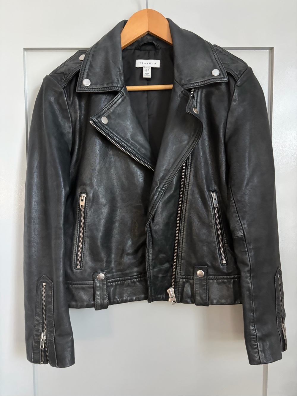 Topshop Black Genuine Leather Moto Biker Jacket with Silver Hardware